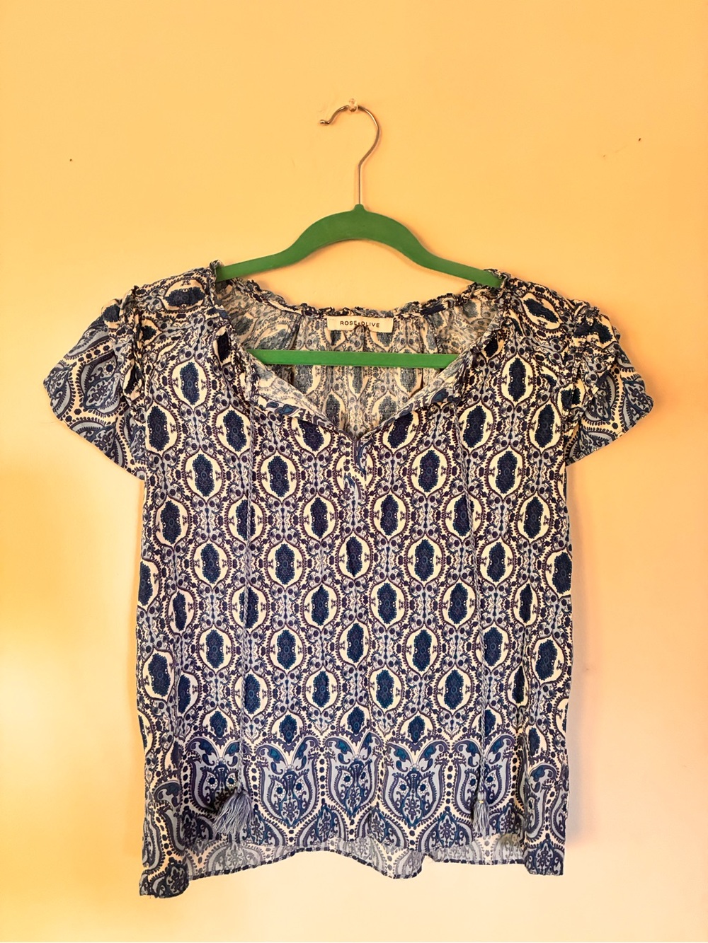Rose & Olive Blue and White Printed Short Sleeve Top